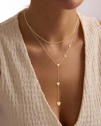 Yoosteel Long 14K-Gold-Plated Necklace for Women,Layered Lariat Necklaces | Dainty Y Drop Necklaces, Western Necklace Stack,Simple Bar Heart Circle Pendant,Prom Choker Chain Jewelry,Trendy Gifts - color: Layered Heart Bead Y-Shaped Necklace
