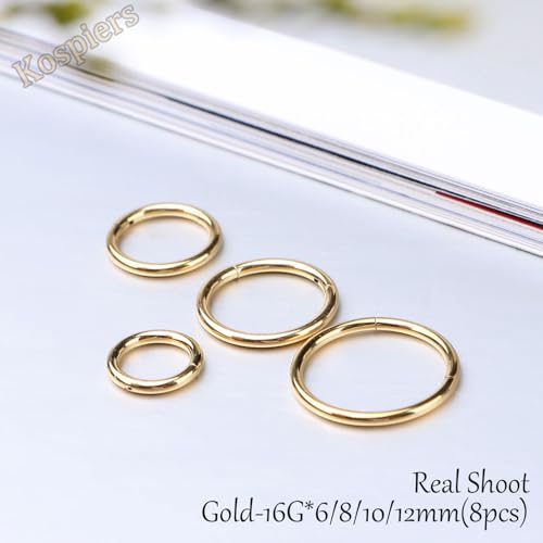 Nose Rings 20G 18G 16G 316L Surgical Steel Hinged Clicker Segment Nose Hoop Helix Cartilage Daith Tragus Sleeper Earrings Body Lip Piercing Jewelry for Women Men 6mm 7mm 8mm 10mm 12mm - style: 08:Gold-16G*6/8/10/12mm(8pcs)