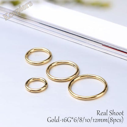 Nose Rings 20G 18G 16G 316L Surgical Steel Hinged Clicker Segment Nose Hoop Helix Cartilage Daith Tragus Sleeper Earrings Body Lip Piercing Jewelry for Women Men 6mm 7mm 8mm 10mm 12mm - style: 08:Gold-16G*6/8/10/12mm(8pcs)