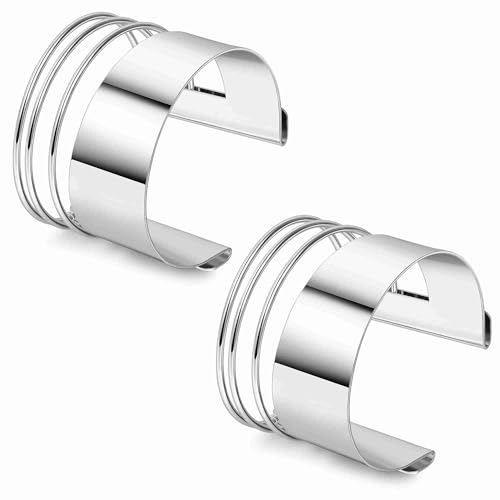 2 Pcs Gold Cuff Bangle Bracelet Set for Women Irregular Minimalist Statement Bangle Bracelets Wide Open Chunky Wire Bracelets Wrist Cuff Adjustable Hammered Bracelet - color: Silver F
