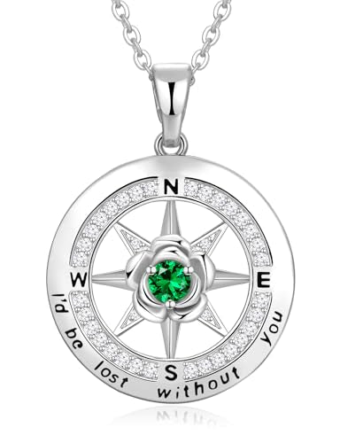 Meeshi Silver Compass Necklace for Women Birthday Gifts for Wife Anniversary Necklace for Women Rose Flower Birthstone Necklaces for Wife Jewelry for Womens Girlfriend Mom Daughter - style: 05-May-Emerald