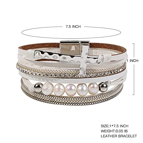 Vercret Leather Wrap Bracelet for Women, Multi-Layer Cuff Bangle | Boho Stacked Bracelets with Safe Clasp Western Bangle Jewelry Gift for Lady and Mom Sister Friend - style: Pearl Cross White