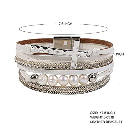 Vercret Leather Wrap Bracelet for Women, Multi-Layer Cuff Bangle | Boho Stacked Bracelets with Safe Clasp Western Bangle Jewelry Gift for Lady and Mom Sister Friend - style: Pearl Cross White