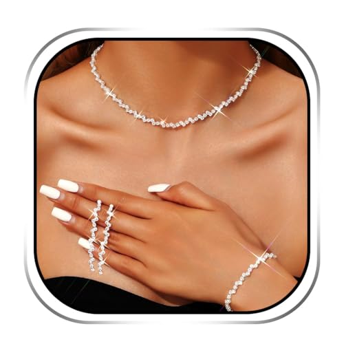 JEAIRTS Rhinestone Tennis Chain Choker Necklace Jewelry Sets for Women | 3Pcs Diamond Bridal Necklace Earrings and Bracelet for Wedding Prom - color: 1-Silver