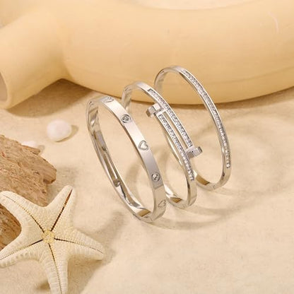 Camhanno Stackable Silver Bracelets for Women Stainless Steel Love & Friendship Bangle, Mothers Day Valentines Birthday Christmas Jewelry Gifts for Mom Her Wife Grandma - style: Style 15