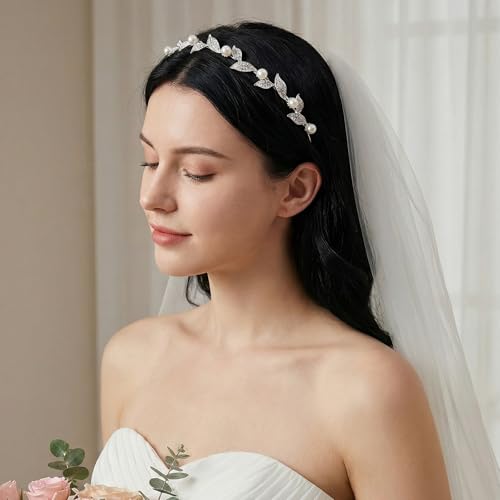 SWEETV Silver Bridal Headband, Pearl and Crystal Leaf Wedding Hair Accessories, Delicate Rhinestone Tiara Headpiece for Brides Bridesmaids Girls Prom Party