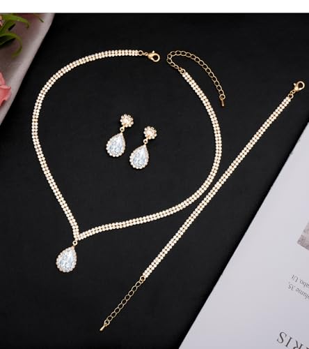 Elegant Silver Crystal Wedding Necklace Earrings Bracelet Jewelry Set for Women Brides Bridesmaids Prom Party Costume Accessory Bridal Jewelry - color: gold tone-white