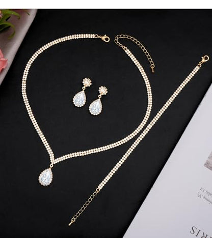 Elegant Silver Crystal Wedding Necklace Earrings Bracelet Jewelry Set for Women Brides Bridesmaids Prom Party Costume Accessory Bridal Jewelry - color: gold tone-white