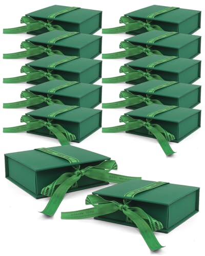 Flip Up Jewelry Gift Box, 12 Pack Velvet Lined Earring Box with Ribbon, Necklace & Bracelet Packaging, Small Jewelry Organizer, Ring & Bracelet Box, Travel Jewelry Case, 4.2 x 4 x 1.38 Inches (Green) - color: Green