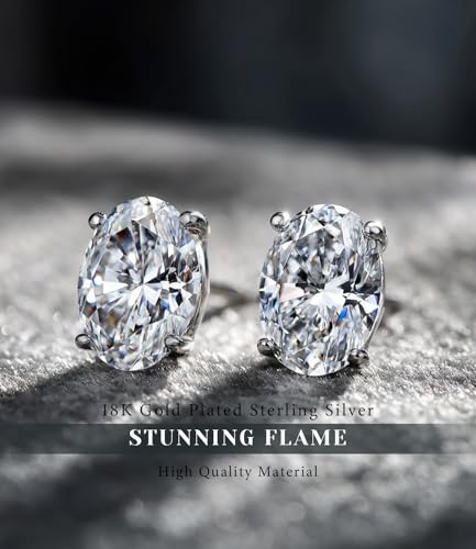 "STUNNING FLAME" Trillion-cut/Cushion-cut/Emerald-cut/Marquise-cut ... 18K White Gold Plated Sterling Silver Cubic Zirconia Simulated Diamond Stud Earrings for Women - color: Oval-Cut, size: medium-white gold plated silver