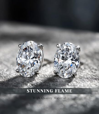 "STUNNING FLAME" Trillion-cut/Cushion-cut/Emerald-cut/Marquise-cut ... 18K White Gold Plated Sterling Silver Cubic Zirconia Simulated Diamond Stud Earrings for Women - color: Oval-Cut, size: medium-white gold plated silver