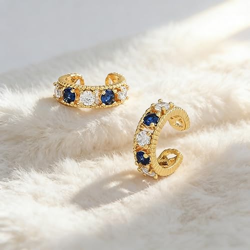 Bemoly Ear Cuff Earrings for Women 14K Gold Plated Cubic Zirconia Dangle Huggie Ear Cuffs Non Piercing | Clip On Cartilage - style: D-Blue CZ-Pair