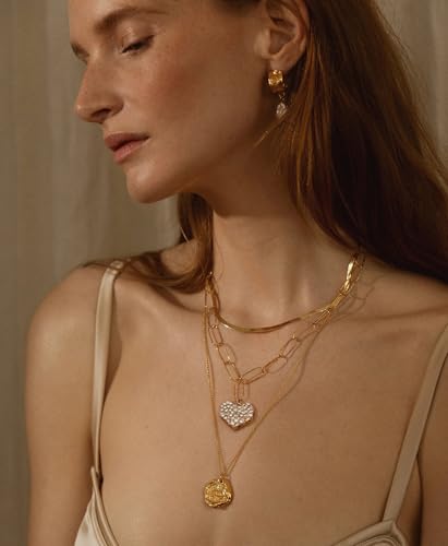 18k Gold Plated Chain Link Necklace for Women, Baroque Pearl/Compass Pendant Necklace - color: Pave Heart