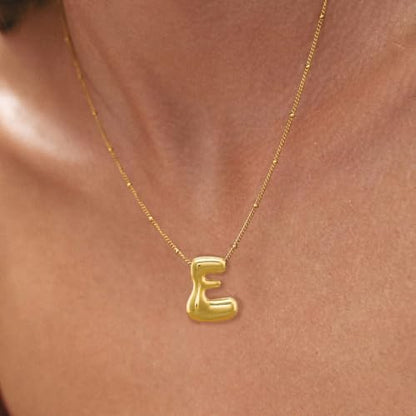Bheop Initial Necklace for Women, Gold Silver A-Z Bubble Letter Necklace | Chunky Personalized Monogram Name Pendant, Cute Balloon Charm, Dainty Beaded Chain, Trendy Jewelry Gifts, Non Tarnish - color: Gold, style: E