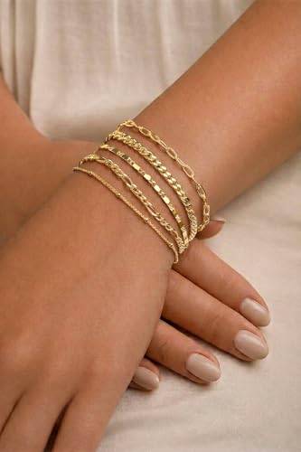 Gold Bracelets Set for Women Non Tarnish Trendy,14K Gold Plated Dainty Stackable Paperclip Cuban Link Chain Bracelets, Simple Cute Cuff Bracelets Jewelry Set Adjustable 7"+2" - color: Gold