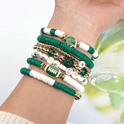 Ardorchid Halloween Bracelets for Women Pumpkin Ghost Steleton Bat Skull Beaded Stackable Stretchy Bracelet Rugby Thanksgiving Christmas Heishi Bracelets - color: Game Day-Green