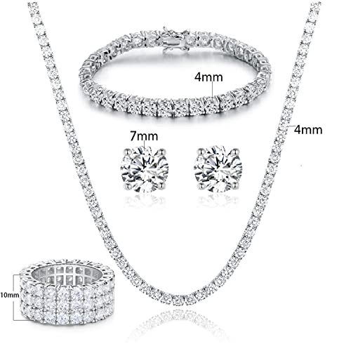 Gemsme 18K Yellow Gold Plated Tennis Necklace/Bracelet/Earrings/3 Row Ring Sets Pack of 4 - color: White