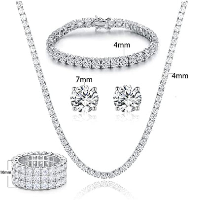 Gemsme 18K Yellow Gold Plated Tennis Necklace/Bracelet/Earrings/3 Row Ring Sets Pack of 4 - color: White
