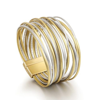 Edoneery Leather Wrap Bracelets for Women, Boho Layered Cuff Bangle | Multi-layer Leather Cuff, Daily wear, Stackable Bangle, Easy on-off, Western Jewelry Gifts for Women - color: Gold and Silver