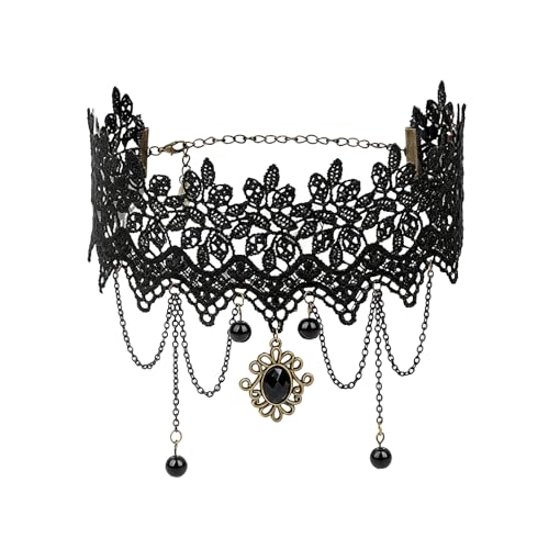 coadipress Gothic Lace Choker Necklace for Women Crystal Royal Court Vampire Choker Gothic Necklace Retro Handmade Halloween Gifts