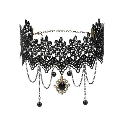 coadipress Gothic Lace Choker Necklace for Women Crystal Royal Court Vampire Choker Gothic Necklace Retro Handmade Halloween Gifts