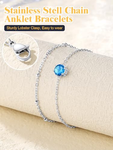 U7 Silver Ankle Bracelet for Women, Waterproof Layered Ankle Round Gem Birthstone Anklets, Summer Beach Foot Jewelry, Adjustable 8.5"-10.5" - color: 12.December-Blue Topaz