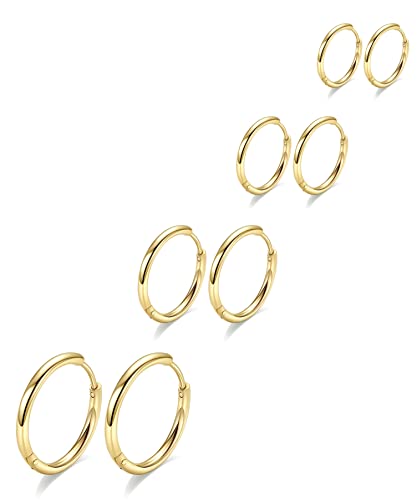 316L Surgical Stainless Steel Hoop Earrings,Mens Hoops Earrings Gold Silver Black Hypoallergenic,6mm 8mm 10mm 12mm Small Huggie Hoop Earrings Men Women for Cartilage Piercings - style: 6/8/10/12mm Golden,4 Pairs