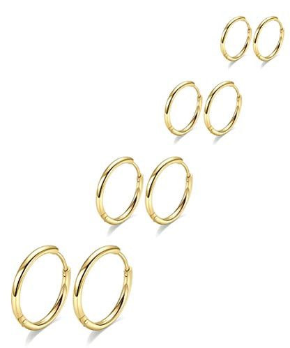 316L Surgical Stainless Steel Hoop Earrings,Mens Hoops Earrings Gold Silver Black Hypoallergenic,6mm 8mm 10mm 12mm Small Huggie Hoop Earrings Men Women for Cartilage Piercings - style: 6/8/10/12mm Golden,4 Pairs