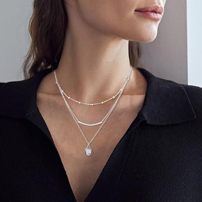 HUASAI Boho Necklaces for Women Dainty Layered Choker Necklace Bohemian Turquoise Necklace Statement Jewelry Western Cowgirl Country Concert Outfits Accessories - color: C Silver Layered Beaded Moonstone Necklace
