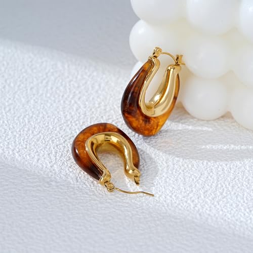 Enamel Hoop Earring for Women 18k Gold Plated Chunky Two-Tone U/C Shaped Earring Enamel Jewelry Gift for Wife Girlfriend - color: Brown 1
