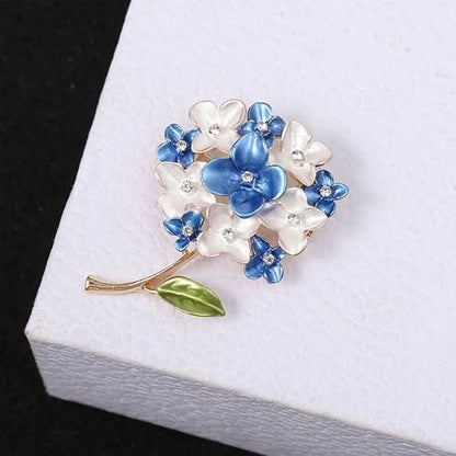 Blue White Hydrangea Flower Brooch Enamel Crystal Floral Lapel Pin Gold Plated Elegant Brooch for Women Suit Scarf Accessory - color: Blue