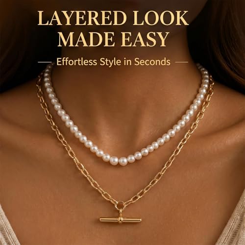 Layered Necklaces for Women Pearl Necklace Stack Gold T Bar Necklace Set Dainty Heart Pendant Jewelry Trendy 2026 Fashion Accessories Gifts - color: A7:2pcs-gold-6mm