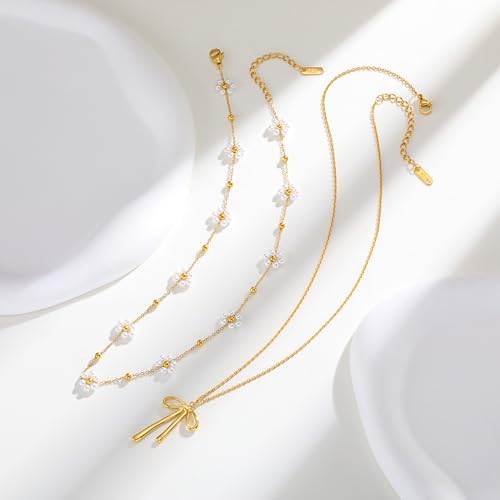 KSF Gold Lariat Necklace for Women Y Shaped Layered CZ Drop Chain | Y shaped necklace; Layered CZ detail; Long lariat style; Gift for her - color: Gold-Bow