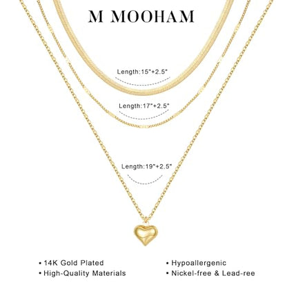 M MOOHAM Layered Gold Necklaces Stack for Women No Tarnish | 14K Gold Plated, Stackable Pendant Necklace Set, Snake Rope Cuban Paperclip Chain, CZ Coin Pendant, Dainty Jewelry Gifts - color: 3 Layered Snake Thin Dot Puffy Heart Pendant-Gold
