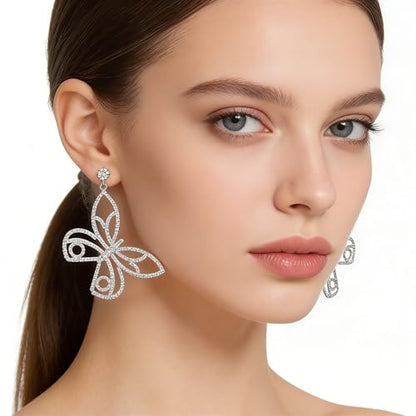 Rhinestone Earrings Dangling for Women Sparkly Silver Dangle Earrings Girls Long Chandelier Earrings Tassel Lightweight Ear Studs Cubic Zirconia (KE001S-W) - color: Bow Butterfly 516305S-W