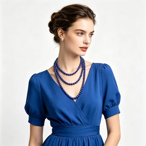 Long Pearl Necklaces for Women Cream White Faux Pearl Strand Layered Necklace Costume Jewelry - color: Navy Blue