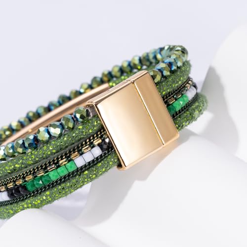 Boho Leather Wrap Bracelets Beaded Stackable Cuff Bracelet Country Concert Outfits Cowboy Cowgirl Western Jewelry Gifts for Women - color: Crystal-Green