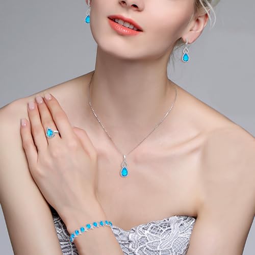 Wedding Jewelry Set for Women Bride Bridesmaid | Gorgeous Cubic Zirconia Teardrop Necklace Earrings Bracelet Adjustable Ring Jewelry Gift for Birthday/Anniversary - color: 15-Blue Topaz Silver-Tone