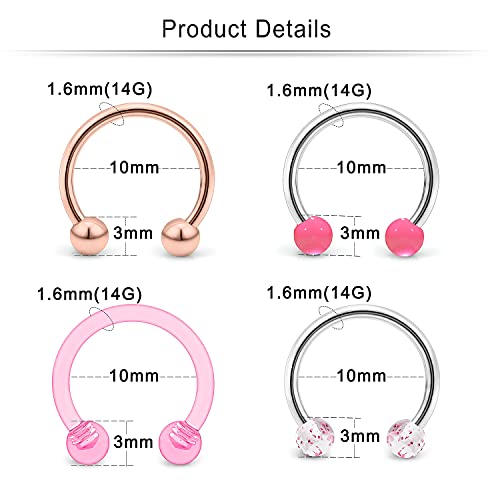 Cisyozi 20G 18G 16G 14G Septum Rings 316L Surgical Steel Septum Nose Lip Rings Horseshoes Cartilage Helix Tragus Rook Daith Earring Hoop Smiley Piercing Jewelry for Women Men 8mm 10mm 12mm 14mm 16mm - color: Mix Color-14G-Inner Dia:10mm-Balls:3mm