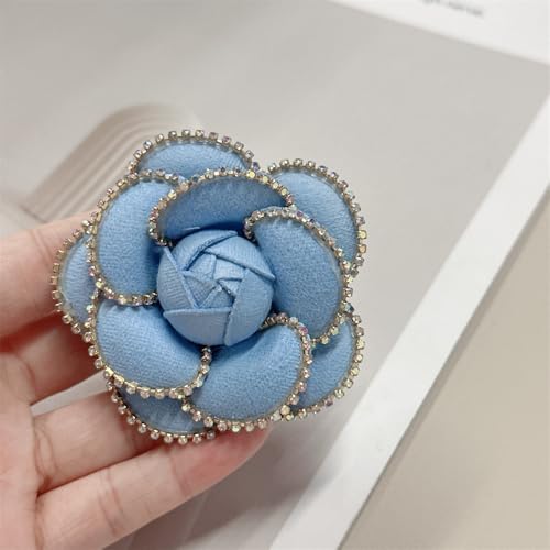 Dainty Crystal Camellia Flower Brooch Pin for Women Rhinestone Fabric 3D Floral Blossom Brooches Lapel Hair Pins Elegant Wedding Anniversary Dress Accessories Jewelry Gift 6.5cm/2.5in - color: Blue