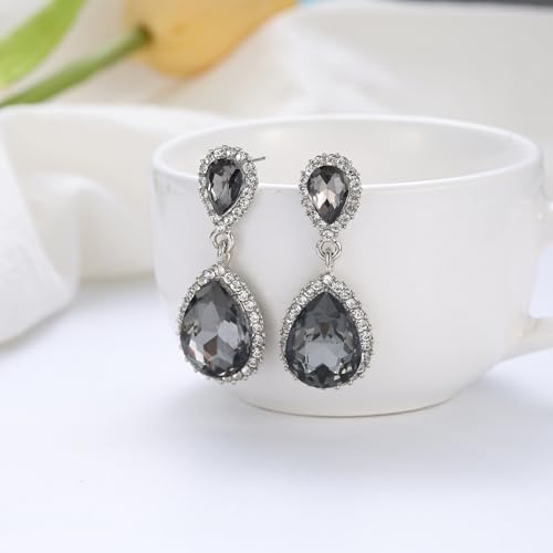 EVER FAITH Women's Austrian Crystal Wedding Tear Drop Dangle Earrings | Bridal Prom Jewelry for Bride Bridesmaid - color: Dark Grey