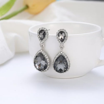 EVER FAITH Women's Austrian Crystal Wedding Tear Drop Dangle Earrings | Bridal Prom Jewelry for Bride Bridesmaid - color: Dark Grey
