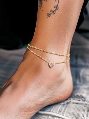 Richsteel Double Layer Heart/Butterfly Birthstone Anklet for Women | Non Tarnish Waterproof, Silver/Gold/Black Stainless Steel 8.5-10.5 Inch Adjustable Chain Anklets Summer Beach Foot Jewelry - color: Gold Heart-10 Oct.(Pink Tourmaline)