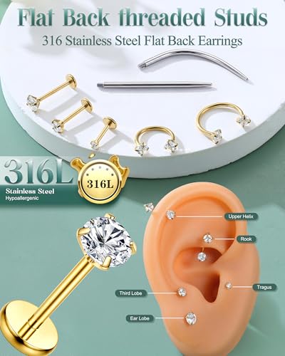 18G Horseshoe Nose Rings for Women Internally Threaded Flat Back Earrings | Labret Stud Hypoallergenic Surgical Steel Double Gem Nose Rings with CZ Helix Tragus Septum Lip Nostril Piercing Jewelry Set - color: 14K Gold Plated