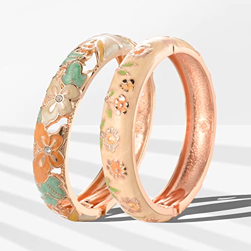 UJOY Cloisonne Indian Bangle Colored Crystal Plated Hinge Cuff Bracelet Hollowed Bird Enamel Jewelry Gift 55C49 - color: A09-2 Pcs/set-Butterfly-Yellow