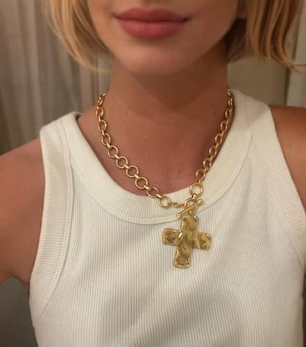 18k Gold Plated Chain Link Necklace for Women, Baroque Pearl/Compass Pendant Necklace - color: Big Cross