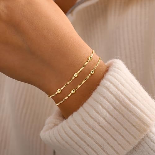 Turandoss Bracelets for Women Trendy | 14K Gold Plated, Dainty CZ Satellite Beads Heart Bracelet Stackable Link Chain Butterfly Bracelet Set Jewelry Gifts - color: Satellite Beaded Link Bracelet