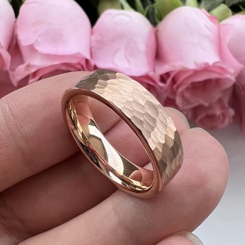 TUTISS 6mm 8mm Silver/Black/Gunmetal/Gold/Rose Gold Hammered Tungsten Rings for Men Women Couple Fashion Jewelry Engagement Wedding Bands Matte Finish Comfort Fit - color: 6mm Rose Gold Tungsten
