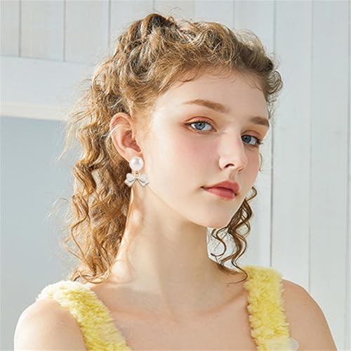 MALOYANVE 4PCS Bow Necklace Earrings Bracelet Ring Set for Women Elegant Bowknot - Adorned Pearl Jewelry Silk Ribbon Necklace Bracelet and Earrings for Christmas - style: White Bow