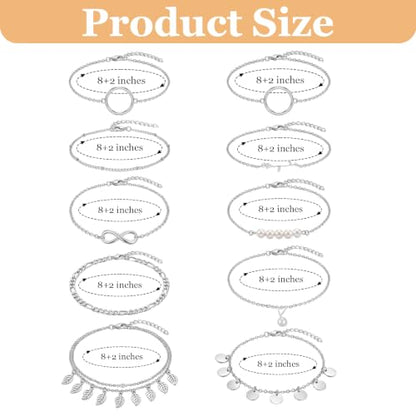 12pcs Gold/Silver Ankle Bracelets for Women Layered Waterproof 14k Cuban Link Chain Anklets Set Adjustable Dainty Summer Beach Gold Accessories Boho Bracelet Jewelry - style: 10PCS Style E